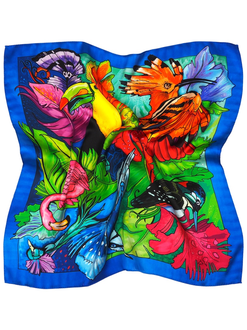 AD7-080 Jedwabna apaszka damska rajskie ptaki 68x68cm